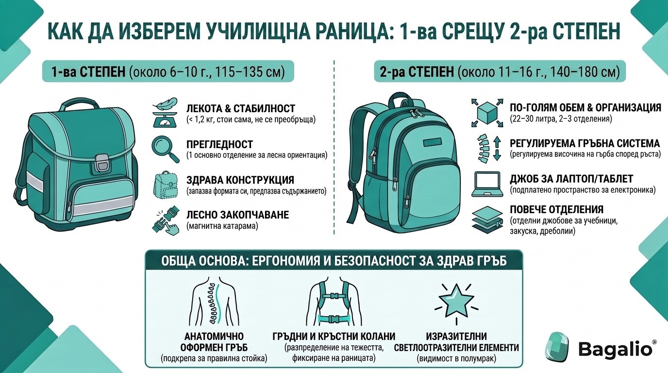 Инфографика: Сравнение на училищни раници за 1-ви и 2-ри етап по ергономия, обем и функции.