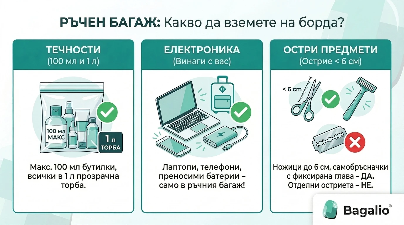 Инфографика: какво да вземете в ръчния багаж – правила за течности, електроника и остри предмети