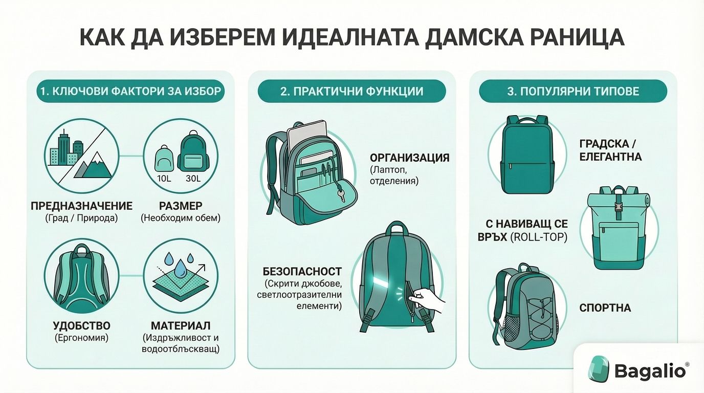 Инфографика: Как да изберем дамска раница според размера, материала и типа