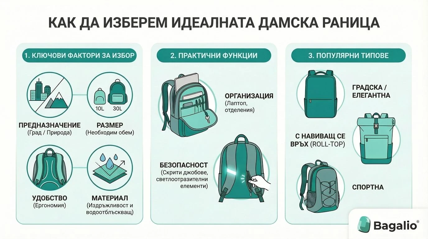 Инфографика: Как да изберем дамска раница според размера, материала и типа