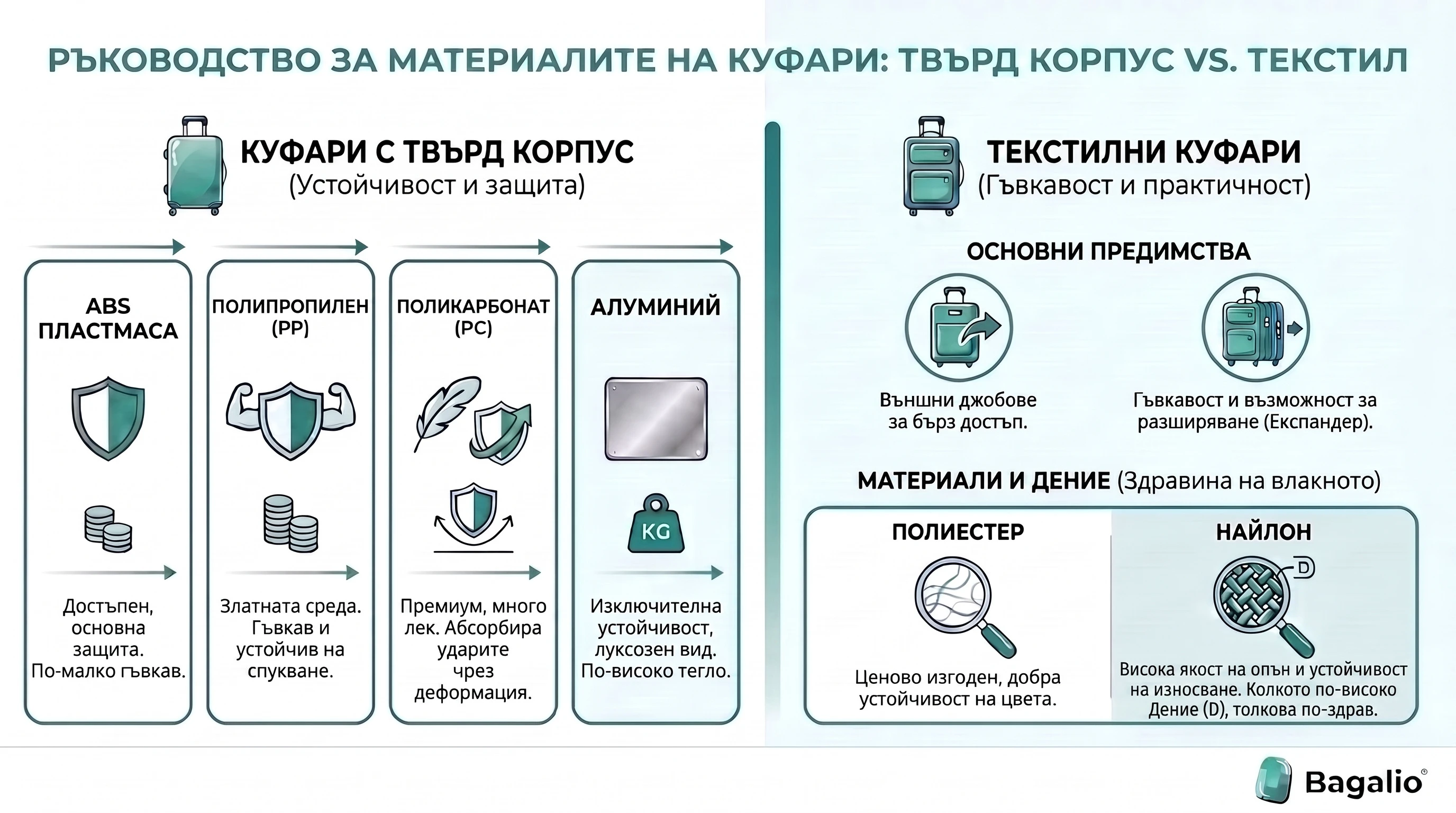 Инфографика, сравняваща материалите на куфари: твърд корпус (ABS, полипропилен, поликарбонат, алуминий) и текстил (полиестер, найлон)