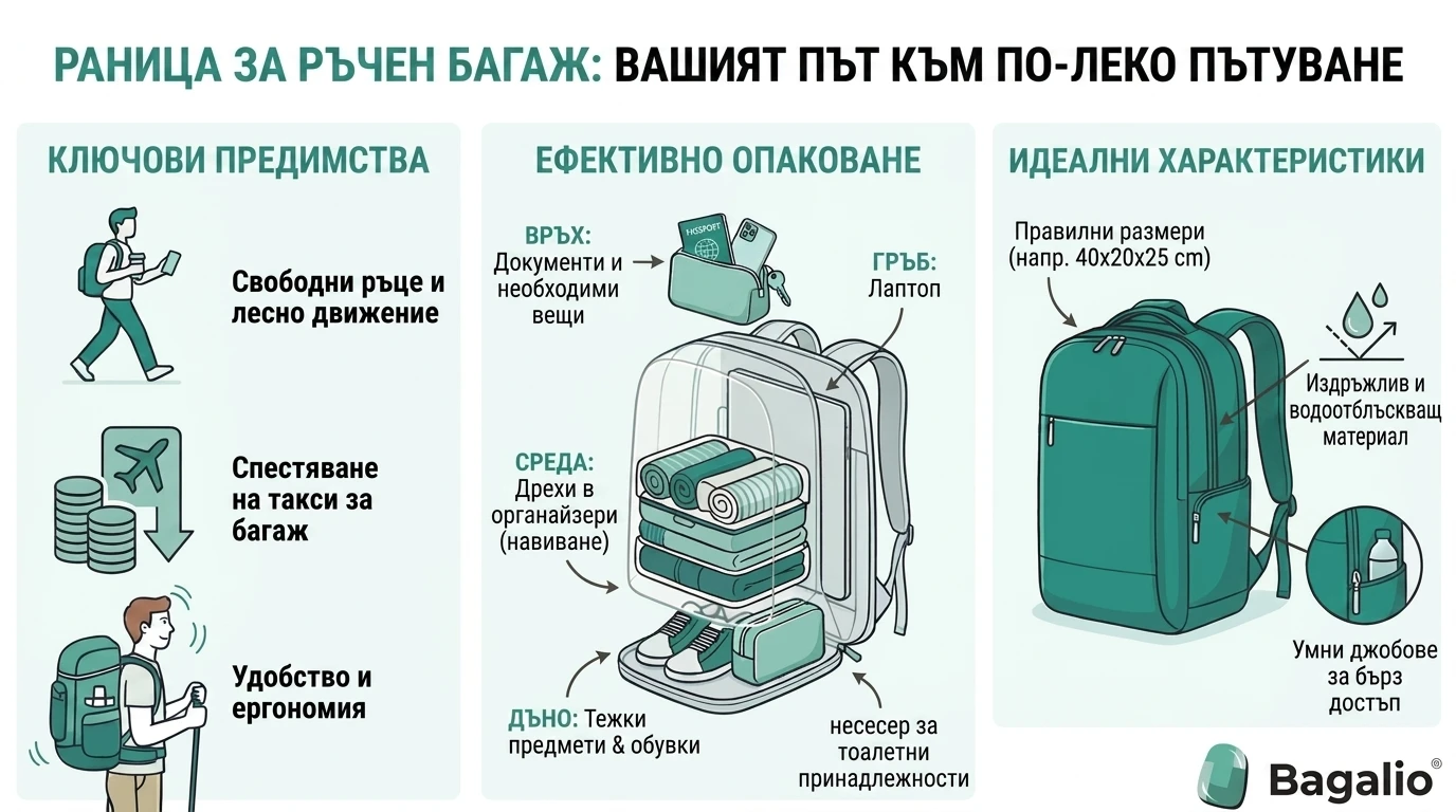 Инфографика: раница за ръчен багаж като алтернатива на куфара – предимства, подреждане и размери