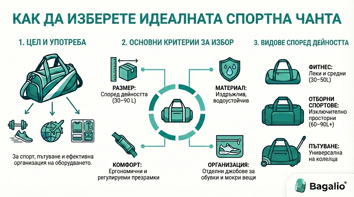 Инфографика: Как да избереτε идеалната спортна чанта според предназначението, размера и материала.