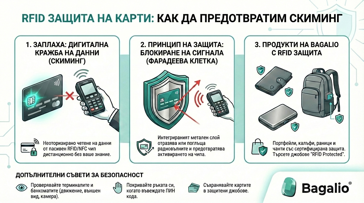 Инфографика за RFID защита на карти и предотвратяване на скиминг от Bagalio.