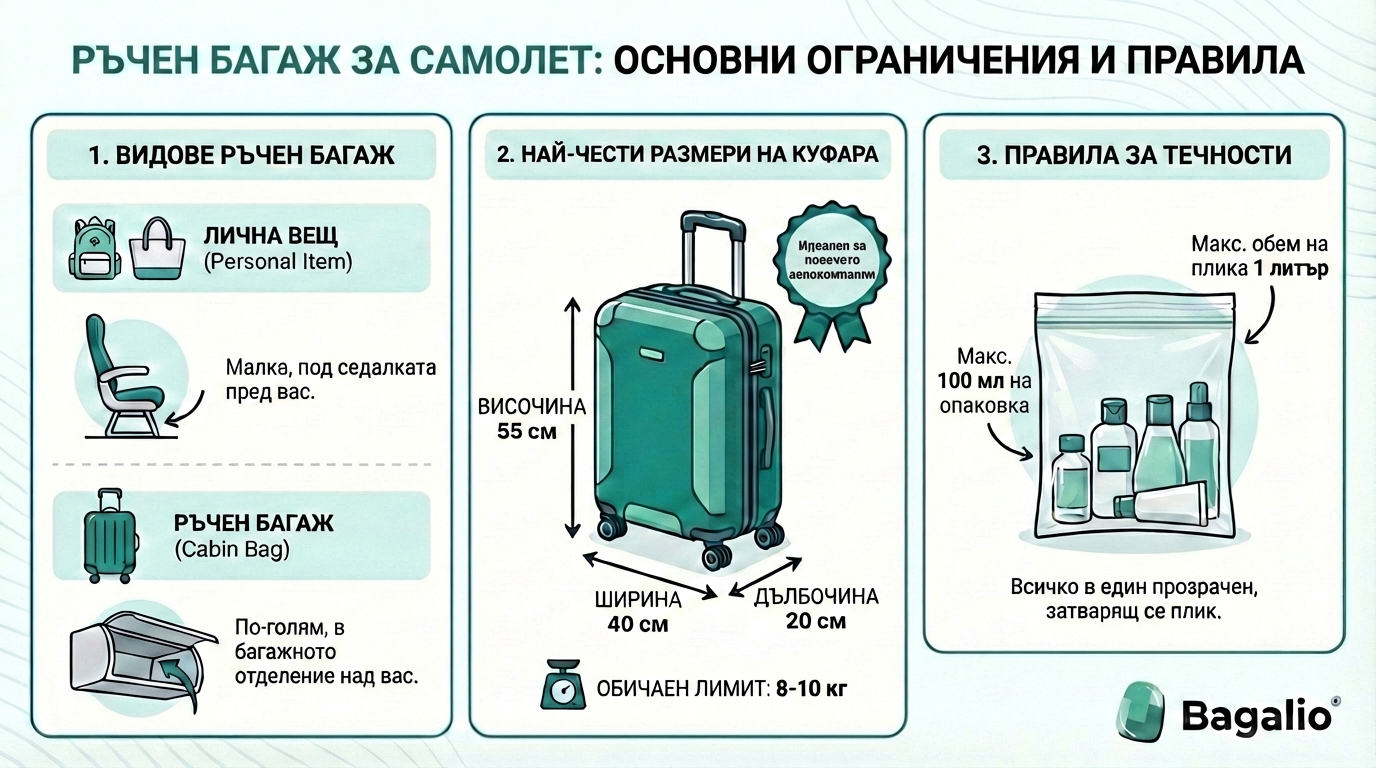 Инфографика: Размери на ръчния багаж и правила за течности в самолета.